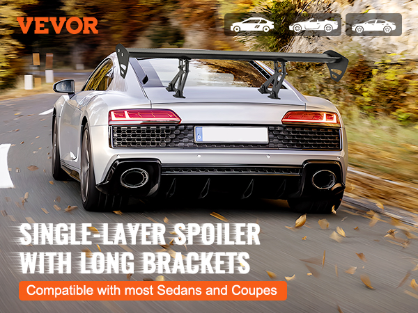 VEVOR car spoiler with long brackets on a white sports car driving on a curvy road in autumn.