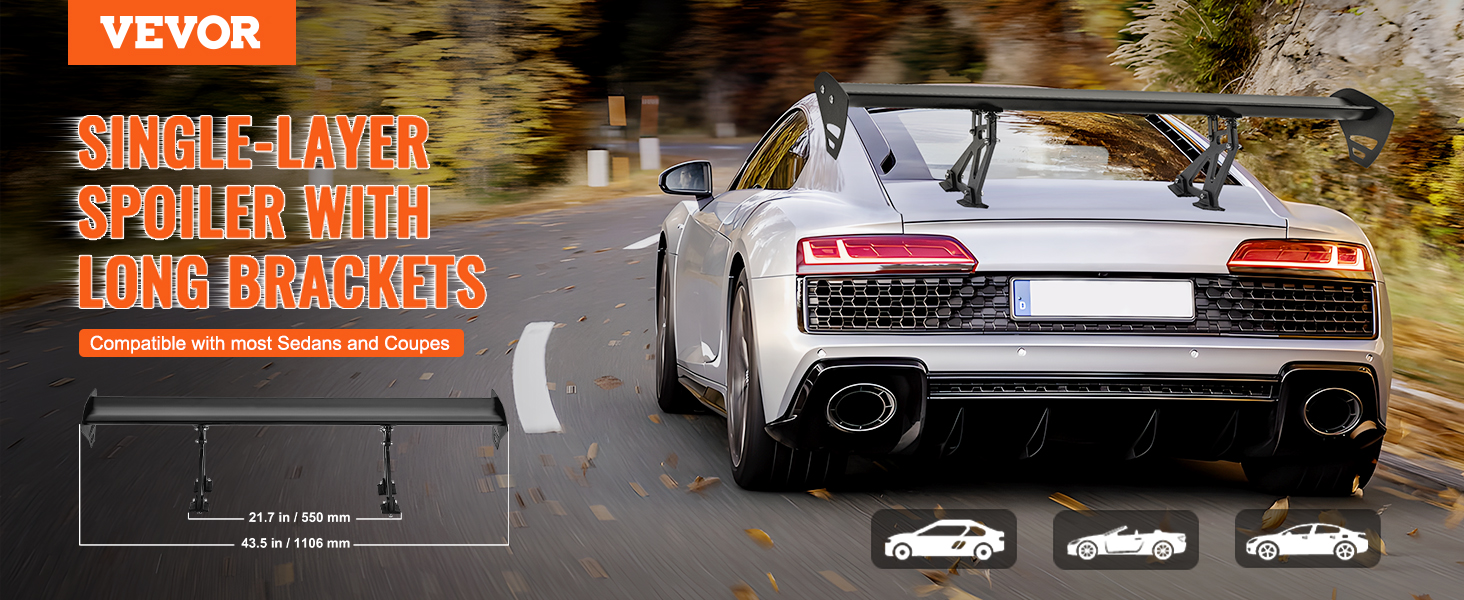 VEVOR car spoiler with long brackets on a white sports car driving on a curvy road in autumn.