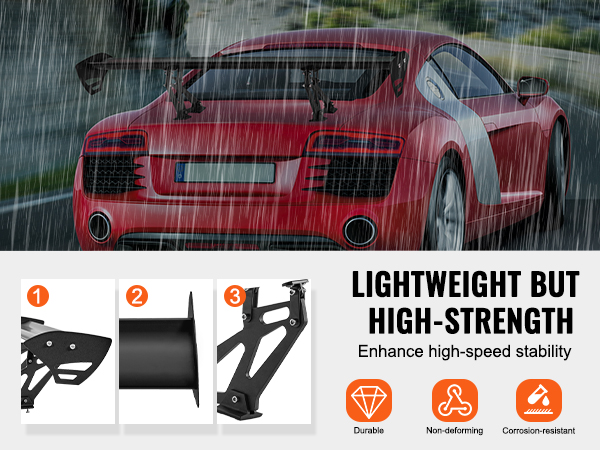 red sports car with a VEVOR car spoiler driving in rain, showcasing high-strength, durable, non-deforming features.