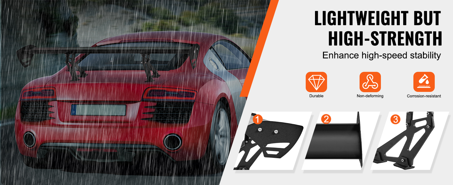 red sports car with a VEVOR car spoiler driving in rain, showcasing high-strength, durable, non-deforming features.