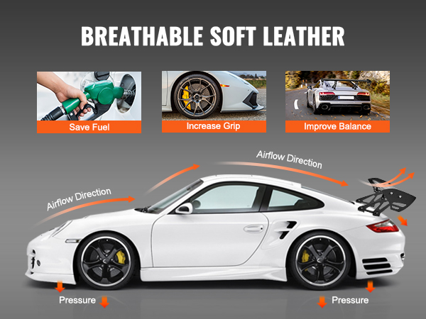 white sports car with VEVOR car spoiler showcasing airflow direction, save fuel, increase grip, improve balance.