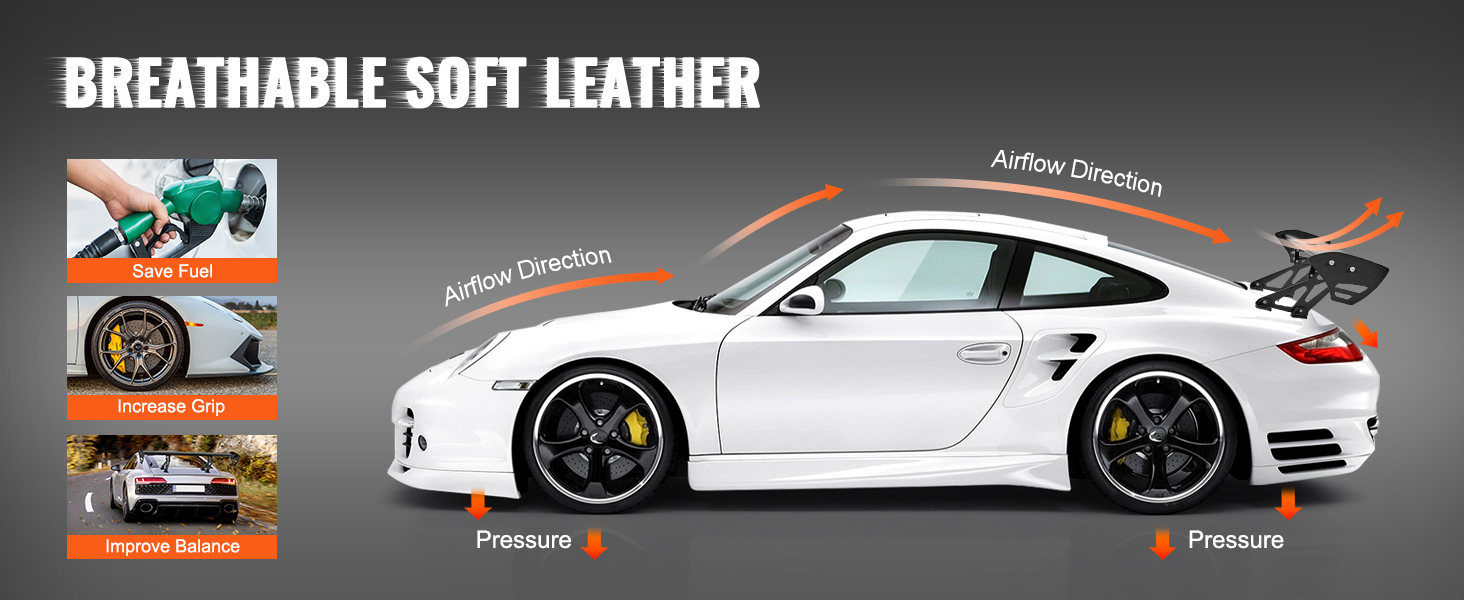 white sports car with VEVOR car spoiler showcasing airflow direction, save fuel, increase grip, improve balance.