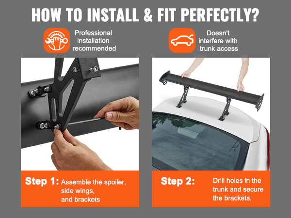 install VEVOR car spoiler by assembling parts, drilling trunk holes, and securing brackets for perfect fit.