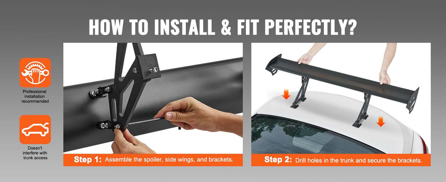 install VEVOR car spoiler by assembling parts, drilling trunk holes, and securing brackets for perfect fit.