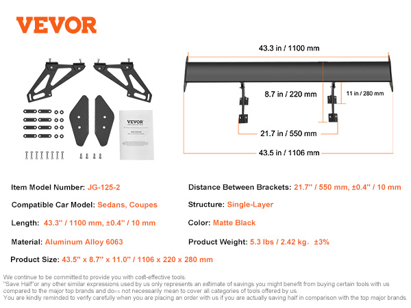 VEVOR car spoiler, matte black, aluminum alloy, compatible with sedans and coupes, 43.3" length.