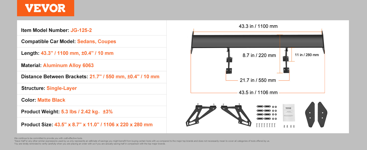 VEVOR car spoiler, matte black, aluminum alloy, compatible with sedans and coupes, 43.3" length.