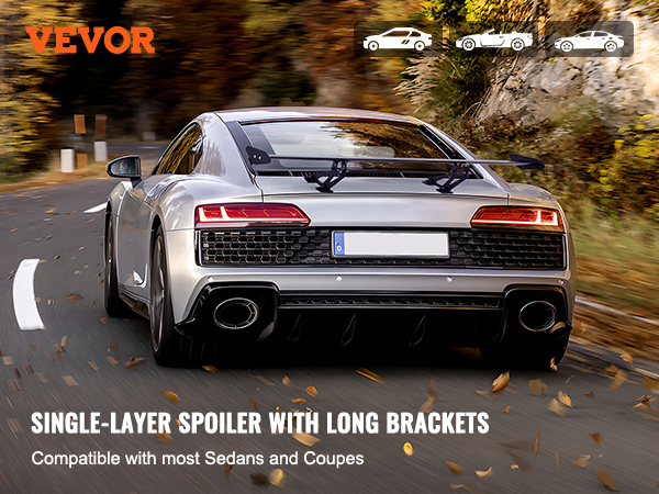 VEVOR car spoiler on a silver sports car showing single-layer spoiler with long brackets.
