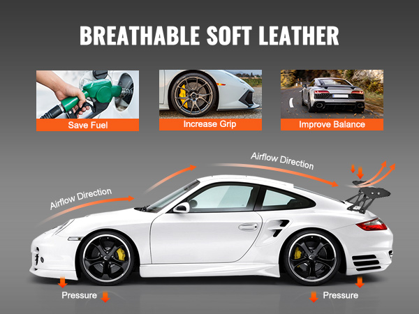 VEVOR car spoiler increases grip, saves fuel, improves balance; aerodynamic airflow on a white sports car.