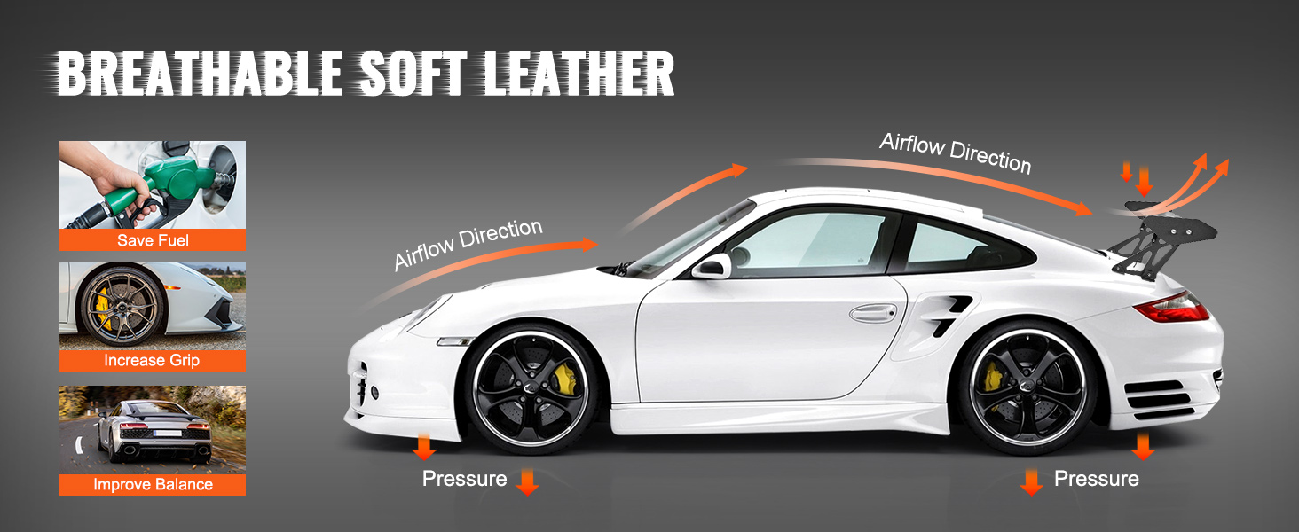 VEVOR car spoiler increases grip, saves fuel, improves balance; aerodynamic airflow on a white sports car.