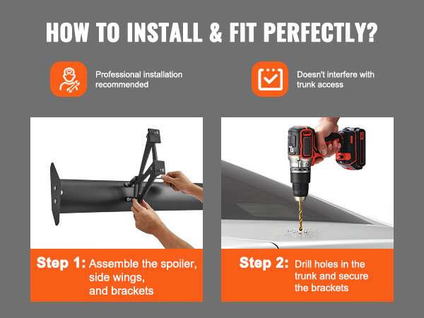 how to install the VEVOR car spoiler: assemble the spoiler and brackets, drill holes, and secure brackets.