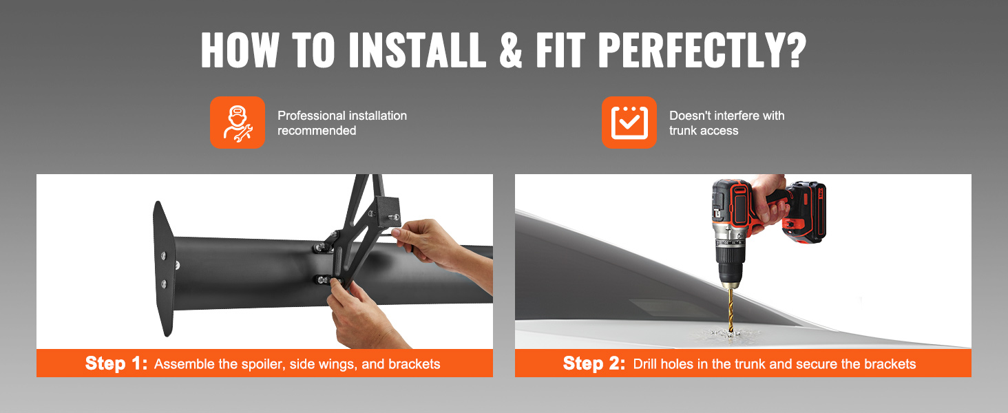 how to install the VEVOR car spoiler: assemble the spoiler and brackets, drill holes, and secure brackets.
