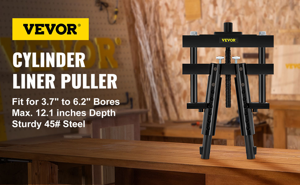 VEVOR cylinder liner puller in a workshop setting, fit for 3.7"-6.2" bores, 45# steel.