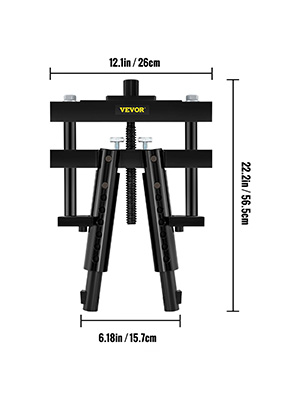 VEVOR cylinder liner puller with dimensions: 12in x 22.2in x 6.18in, black frame.