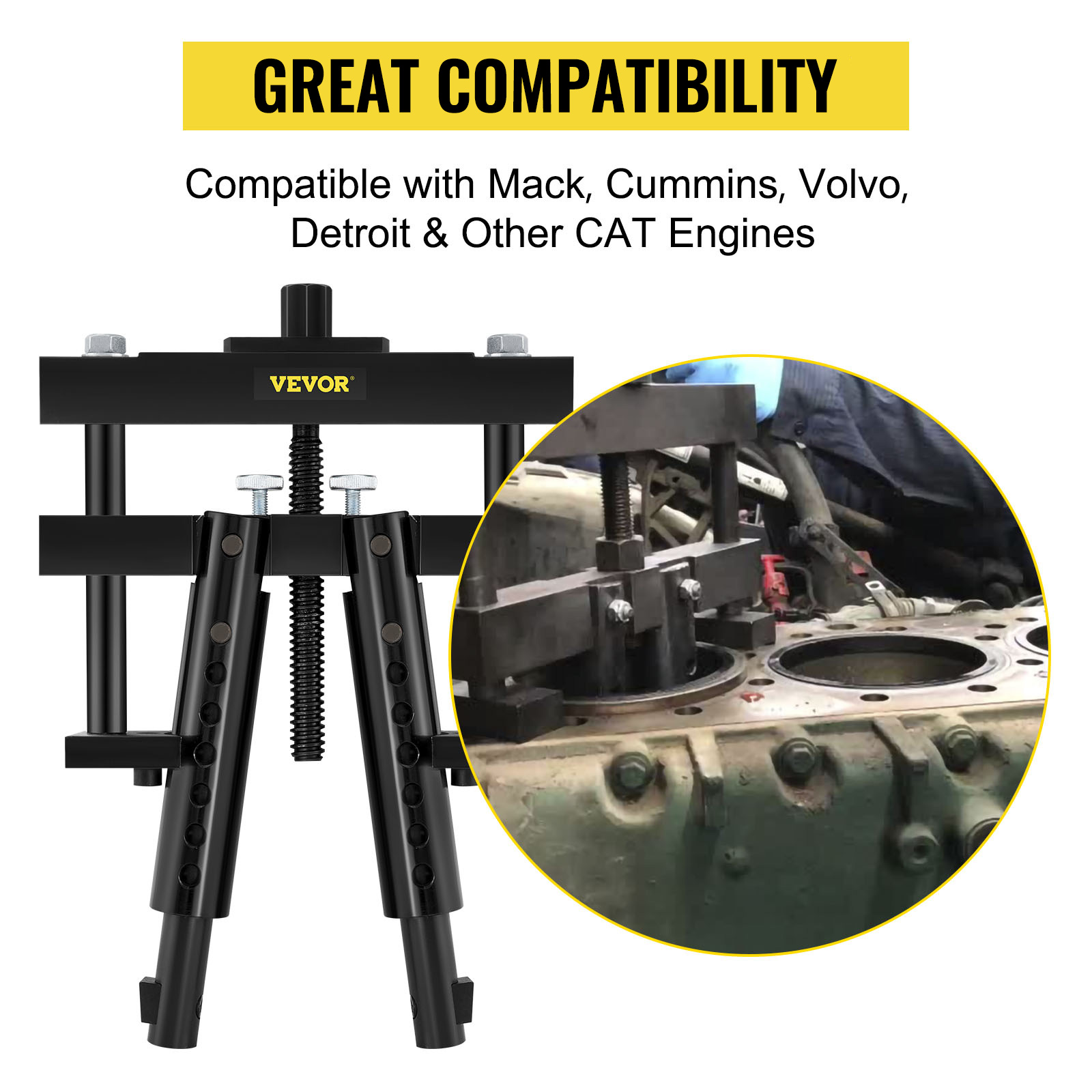 VEVOR cylinder liner puller compatible with mack, cummins, volvo, detroit, cat engines.