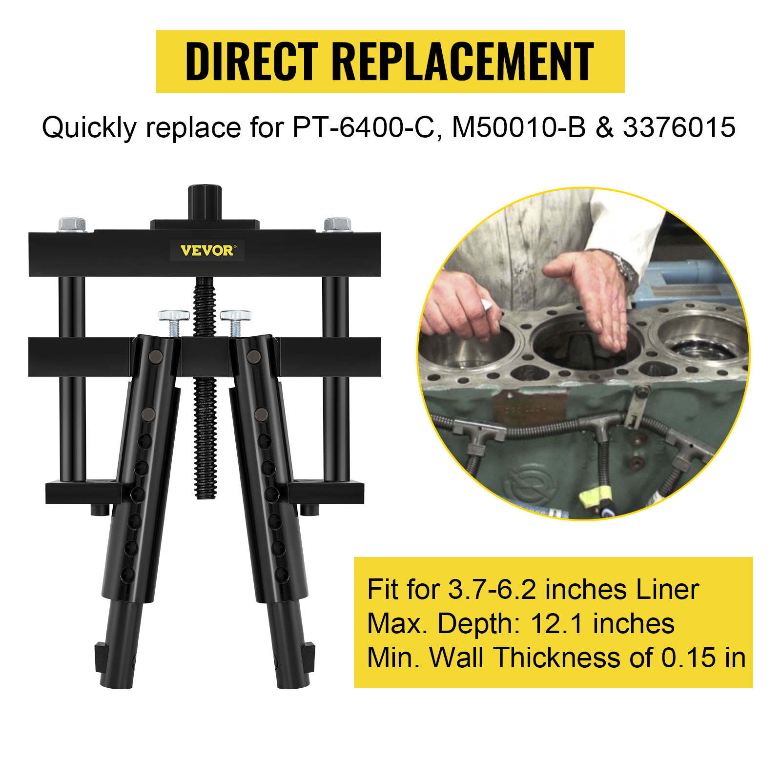 VEVOR cylinder liner puller with direct replacement feature and specifications.