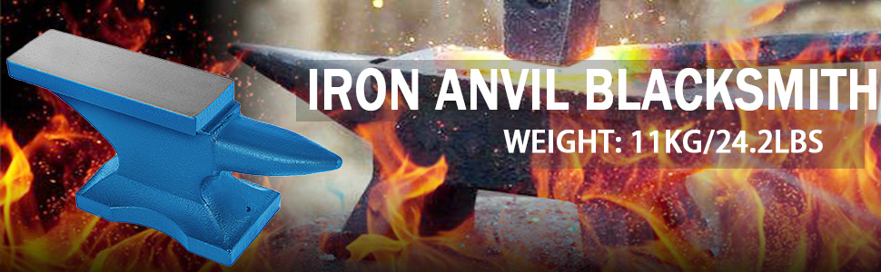 VEVOR anvil in blue, 11kg/24.2lbs, amidst flames with iron anvil blacksmith text.