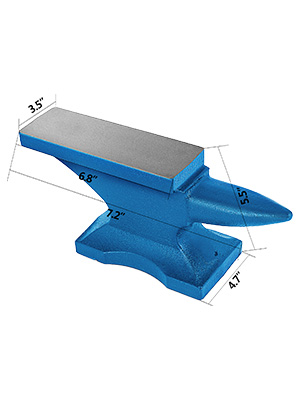 blue VEVOR anvil with 6.8" width and 7.2" length on a sturdy base.