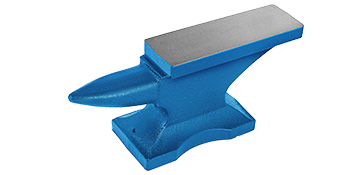 blue VEVOR anvil with steel top and rounded horn.