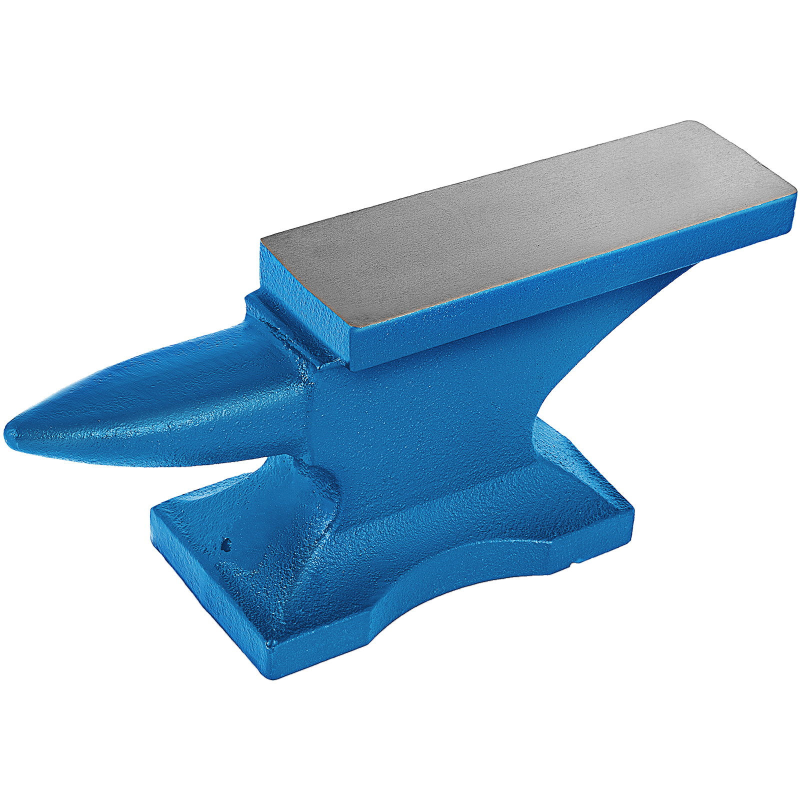 blue VEVOR anvil with flat steel top and pointed horn.