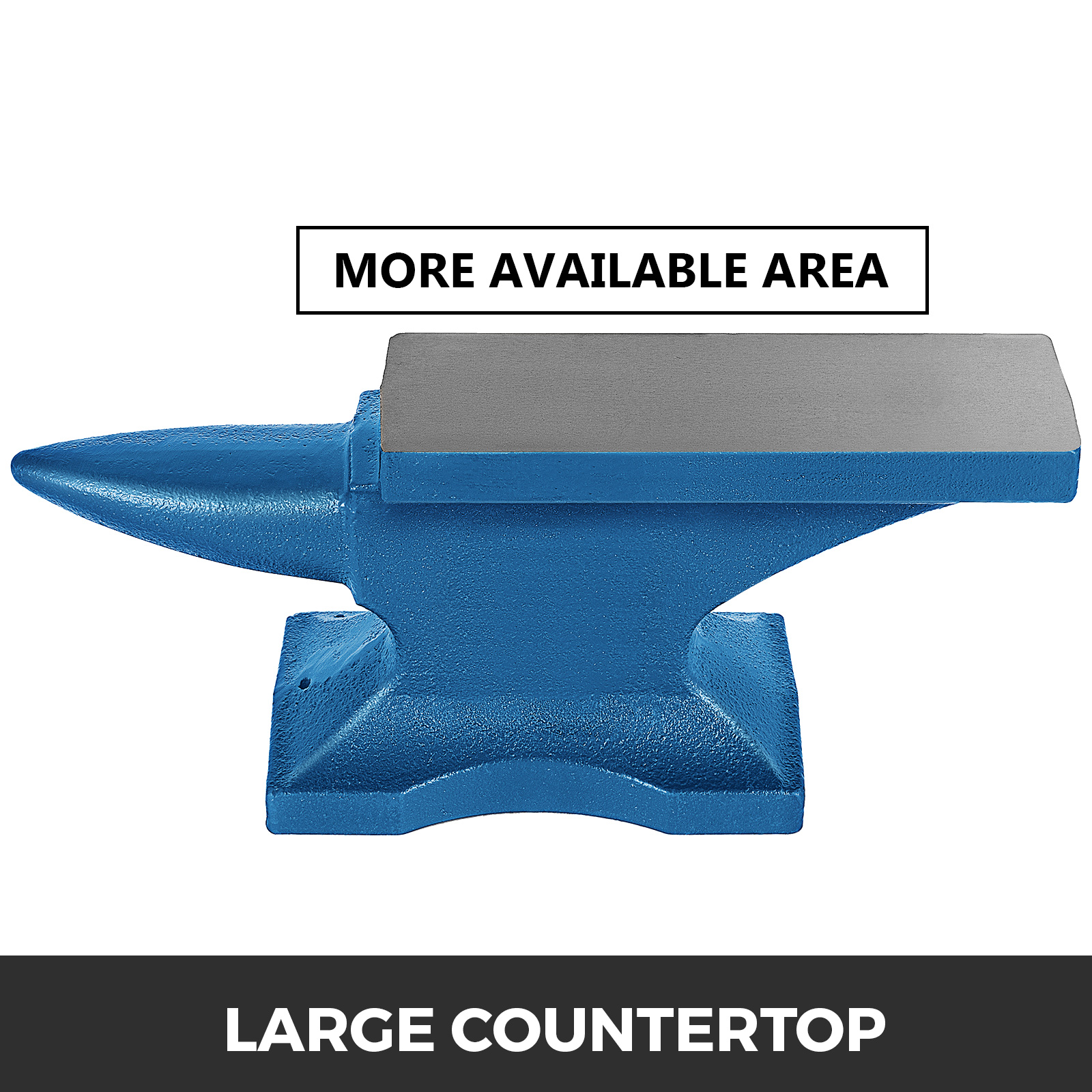 blue VEVOR anvil with large countertop and more available working area.