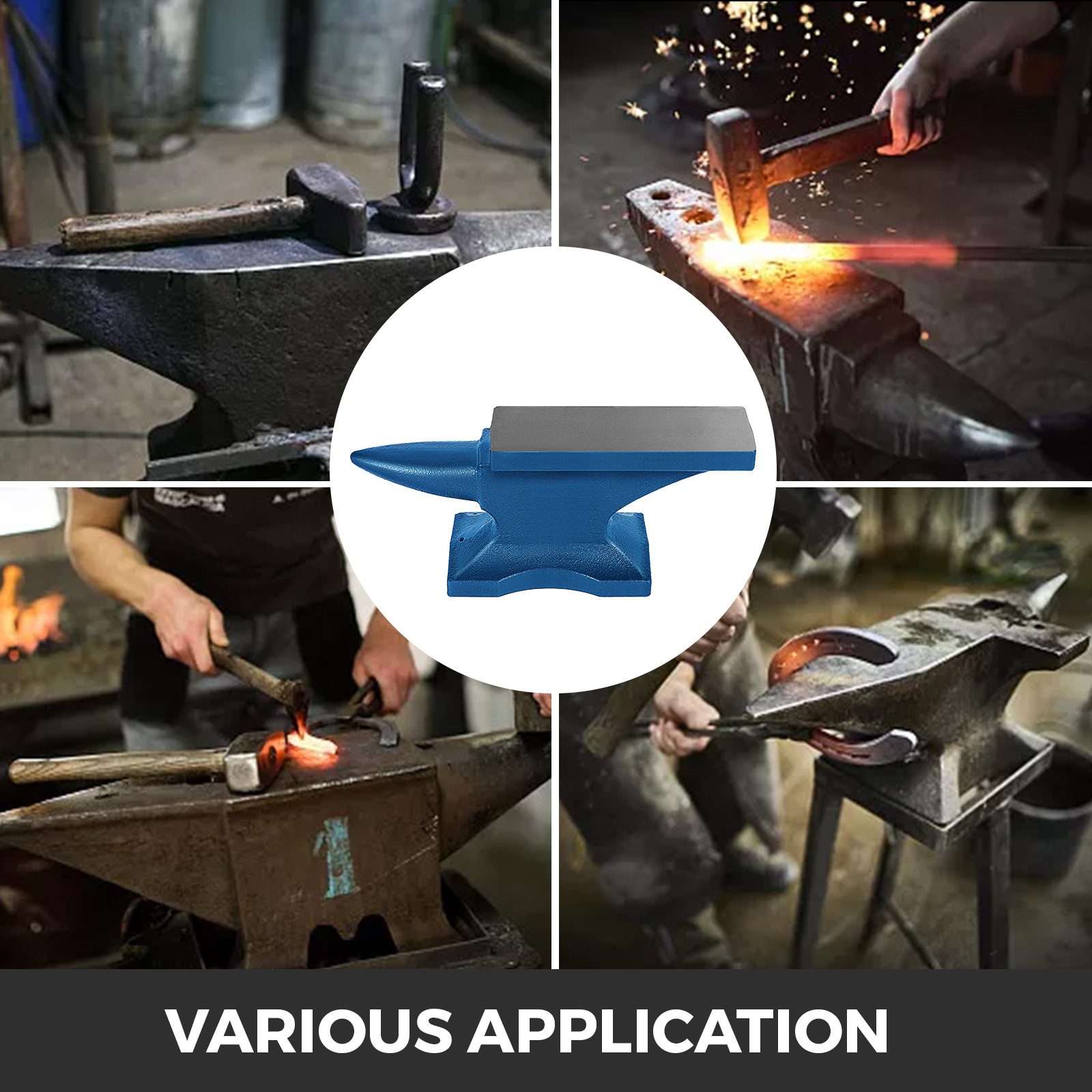 VEVOR anvil used for blacksmithing showcasing various applications in a collage