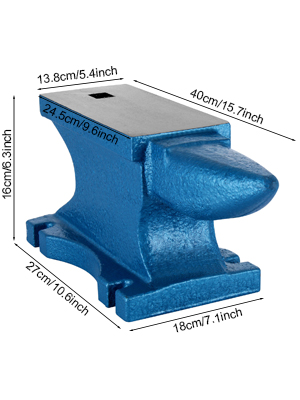 blue VEVOR single horn anvil with dimensions labeled in centimeters and inches.
