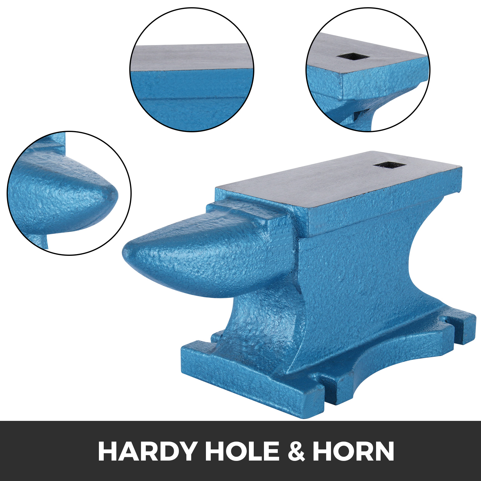 blue VEVOR single horn anvil with hardy hole and horn, close-up details shown.