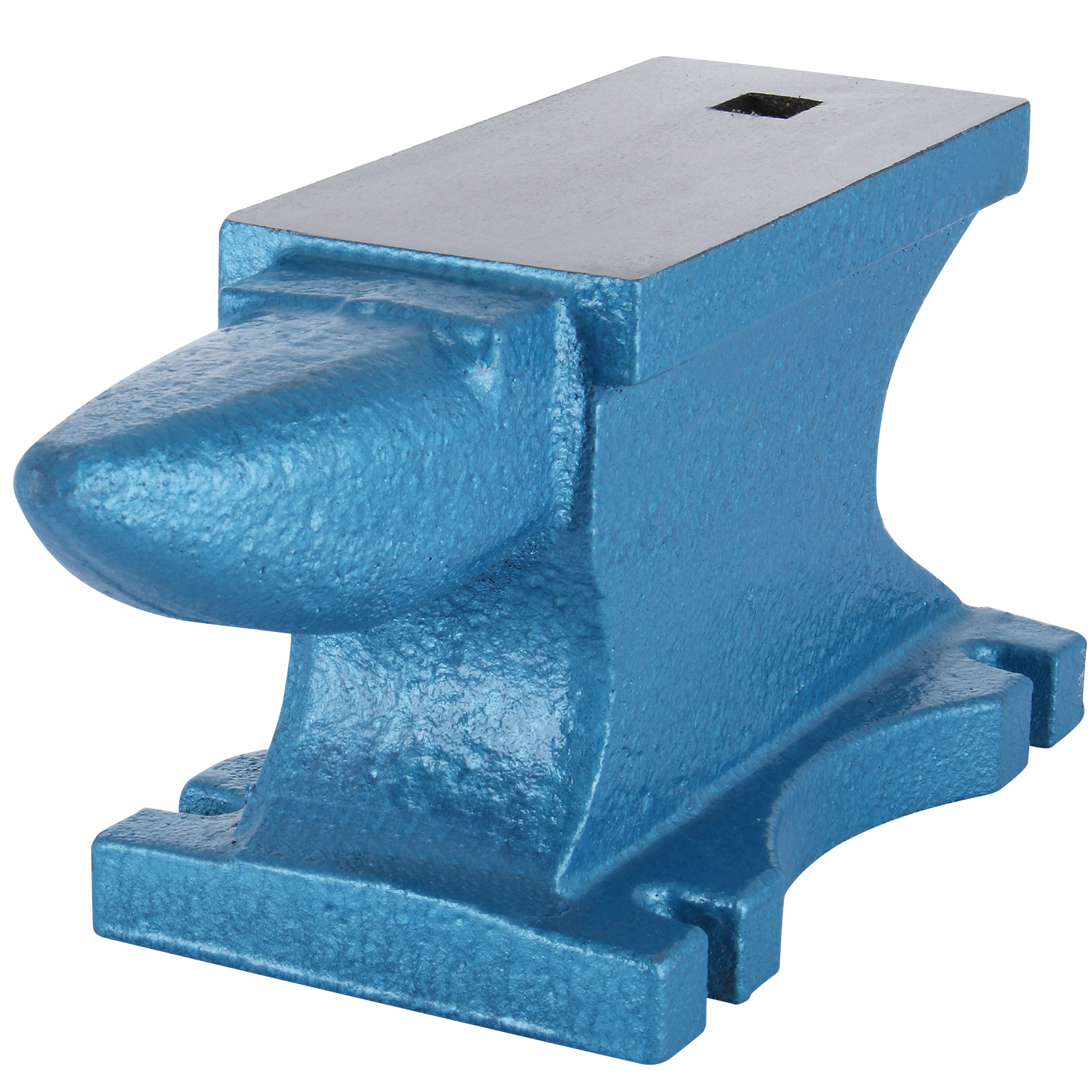 blue VEVOR single horn anvil with square hole and rounded horn.