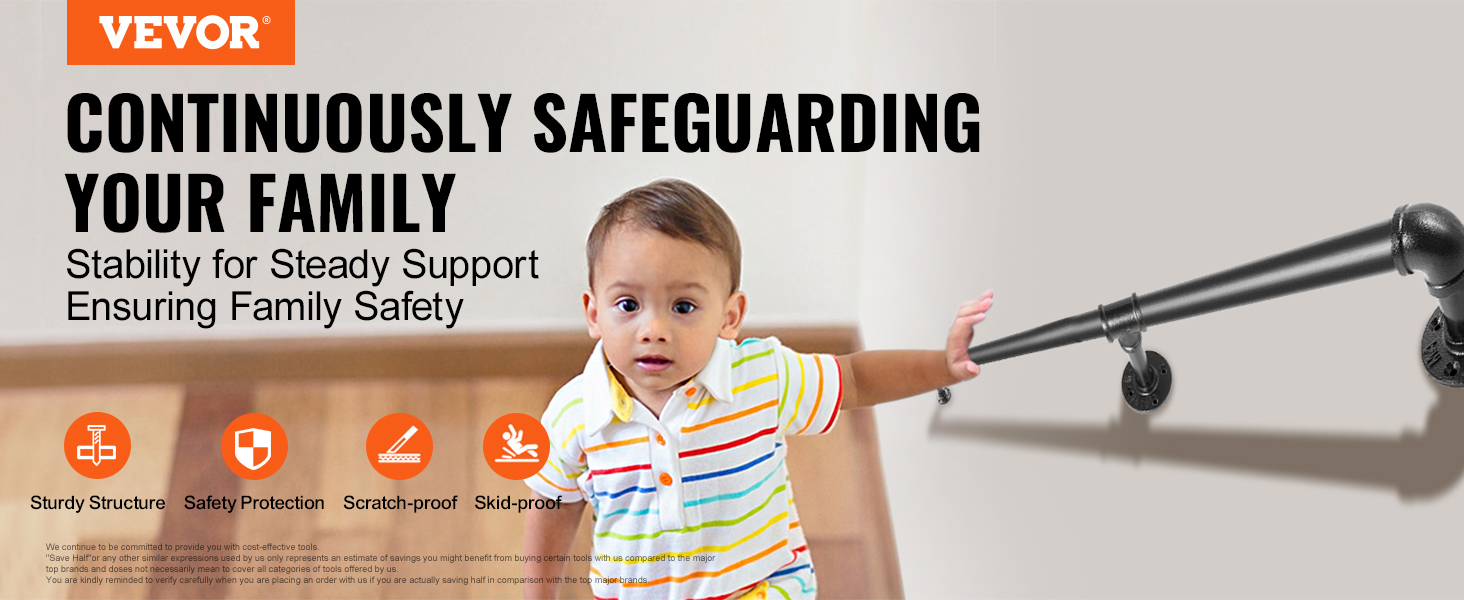 VEVOR pipe stair handrail for family safety, sturdy structure, and skid-proof design.