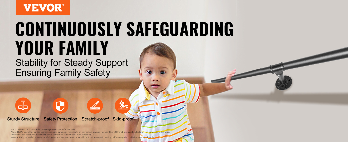 VEVOR pipe stair handrail ensures family safety with sturdy and skid-proof features.