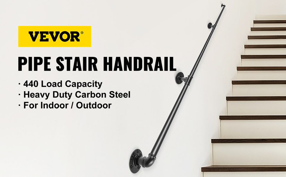 VEVOR pipe stair handrail with 440 load capacity, heavy-duty carbon steel for stairs.