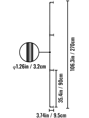 VEVOR pipe stair handrail dimensions: 106.3in height, 35.4in length.