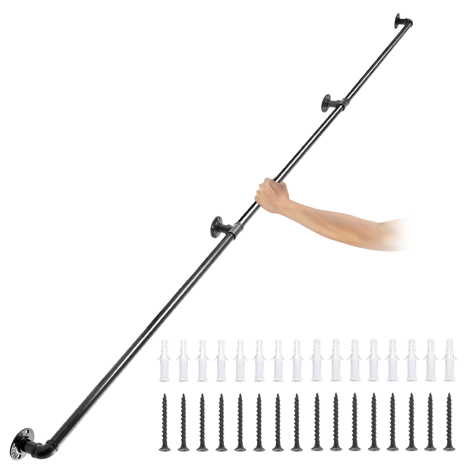 VEVOR pipe stair handrail with wall mounts, screws, and one hand holding the rail