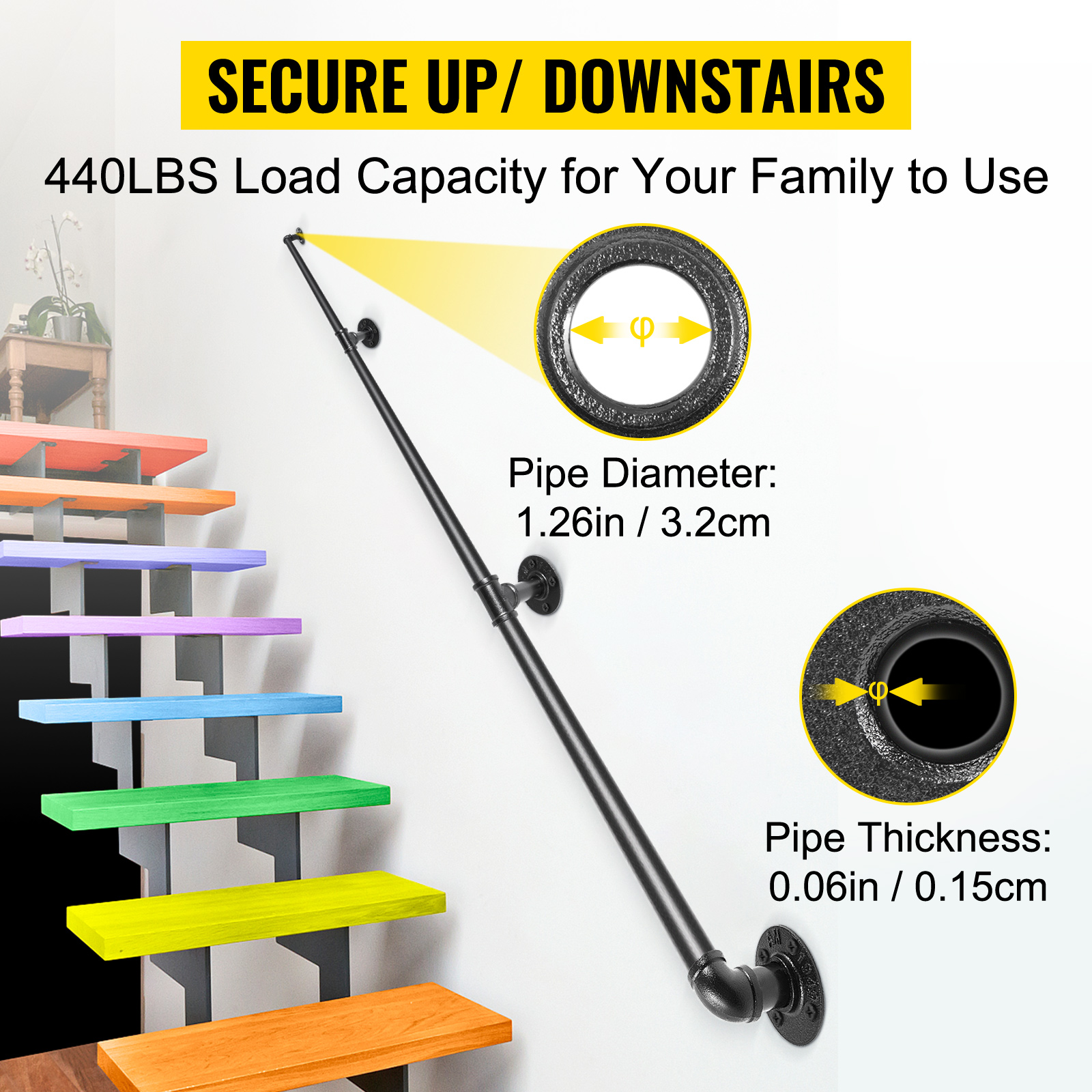 VEVOR pipe stair handrail, 440lbs load capacity, black, colorful stairs.
