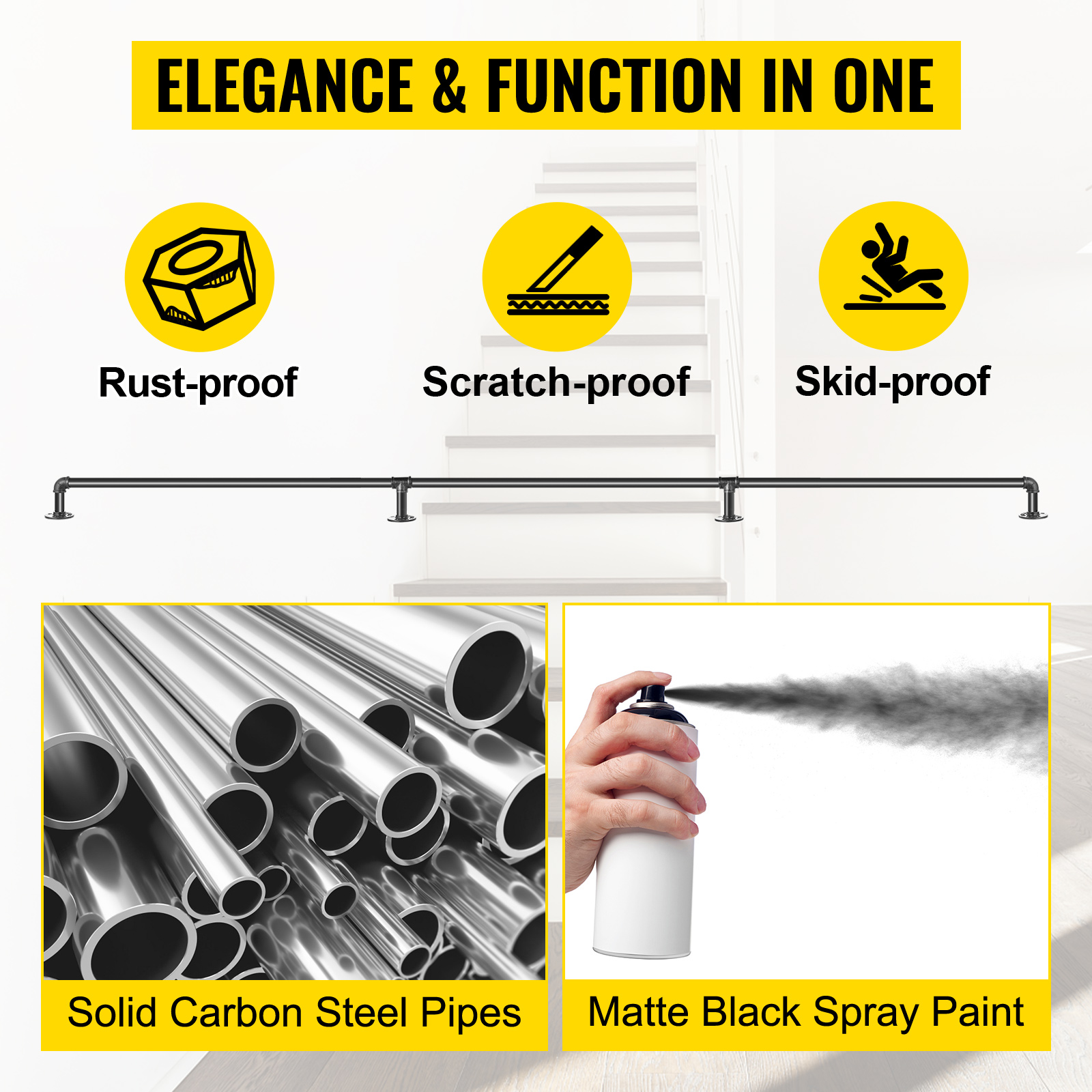 VEVOR pipe stair handrail: rust-proof, scratch-proof, skid-proof, matte black finish.