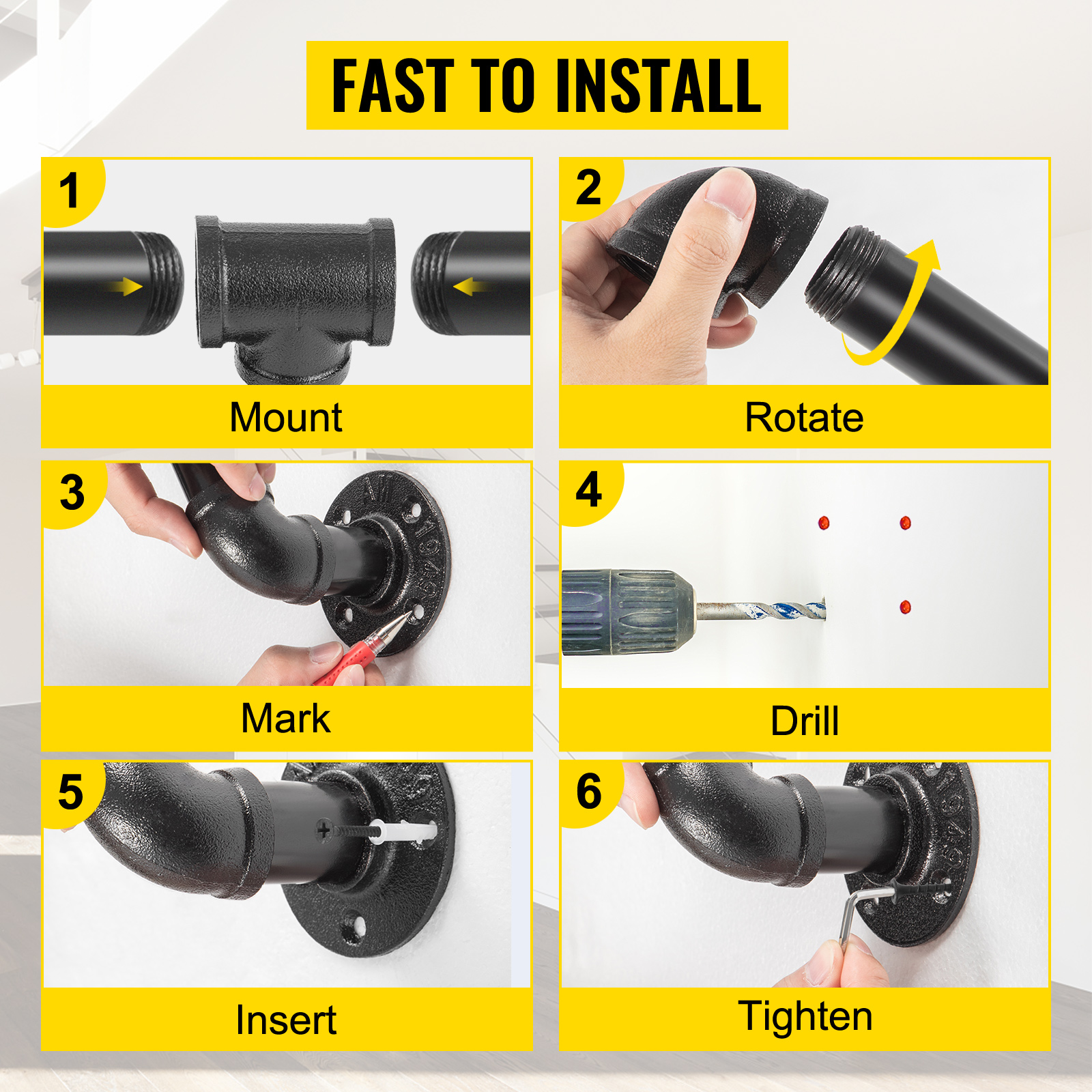 VEVOR pipe stair handrail installation steps: mount, rotate, mark, drill, insert, tighten.