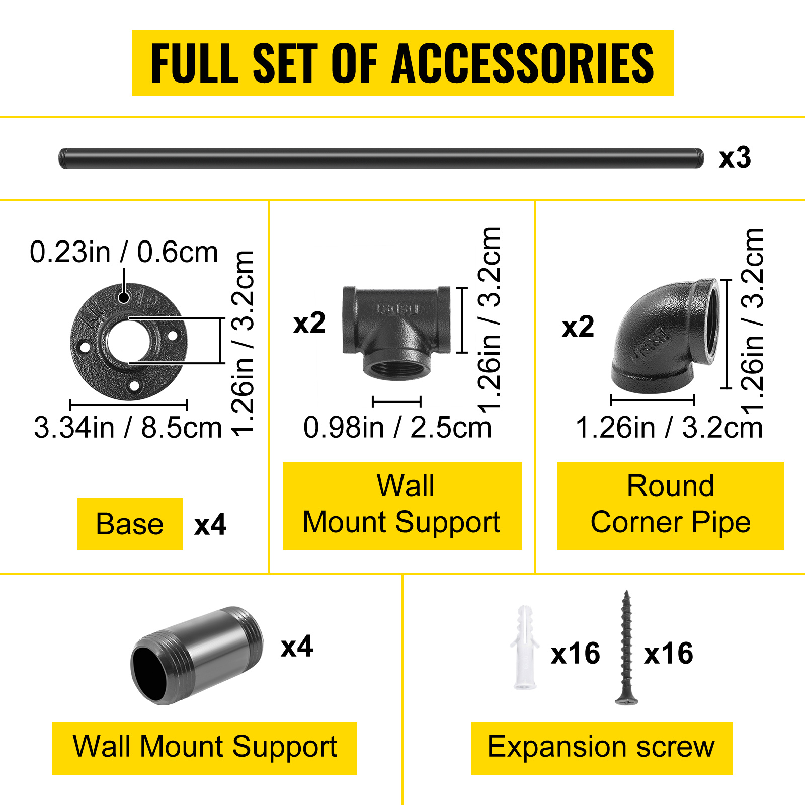 VEVOR pipe stair handrail accessories: 3 pipes, base, wall mount supports, round corner pipes, screws