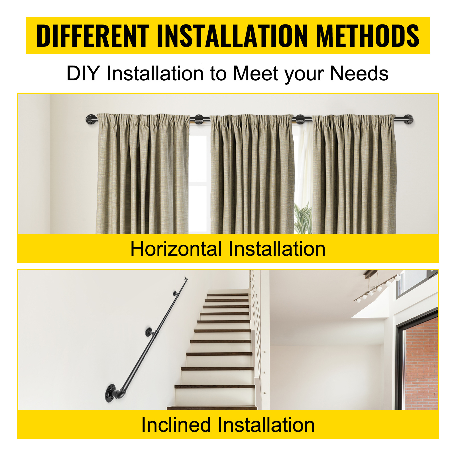VEVOR pipe stair handrail: horizontal and inclined installation options.