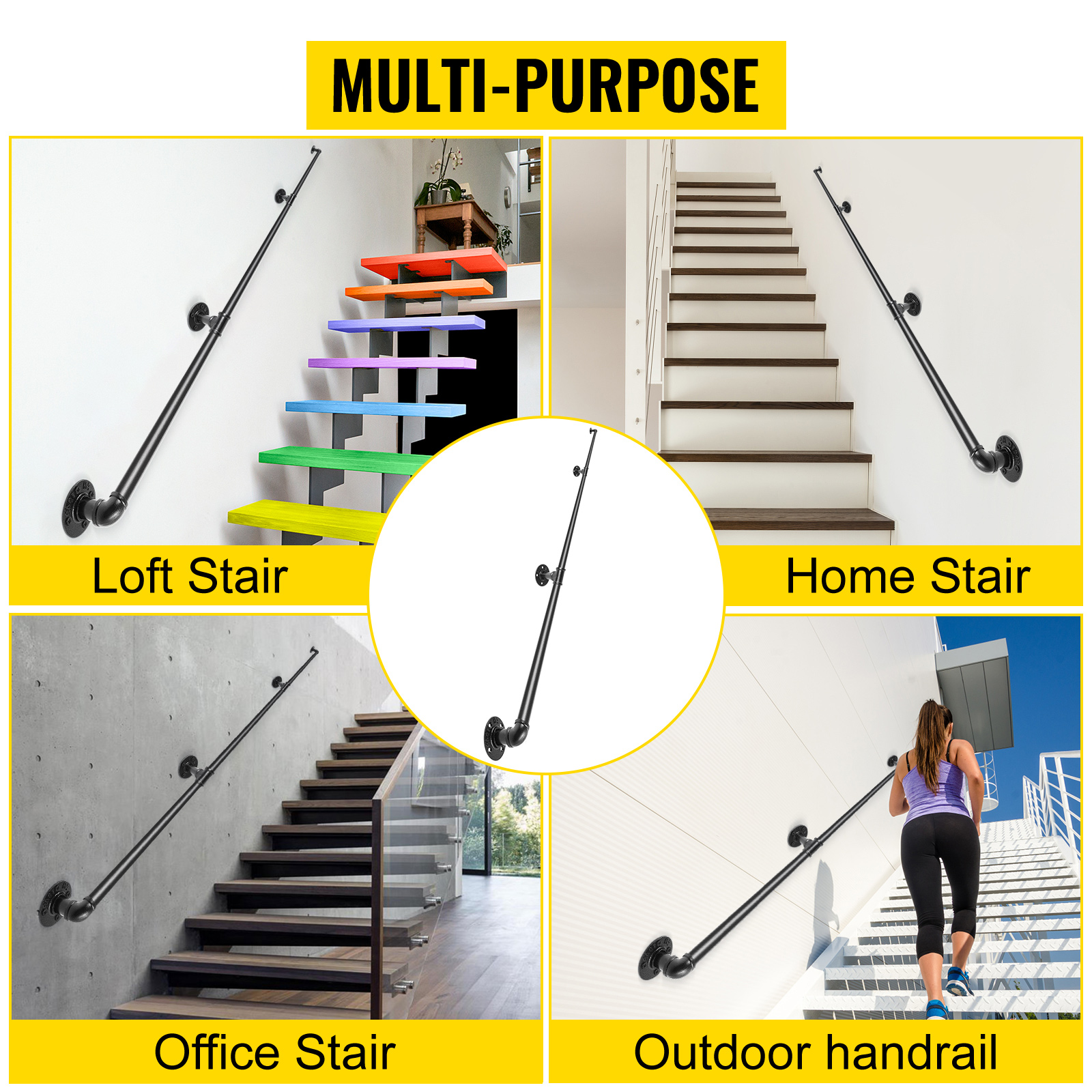 VEVOR pipe stair handrail for loft, home, office stairs, and outdoor handrails. multi-purpose.