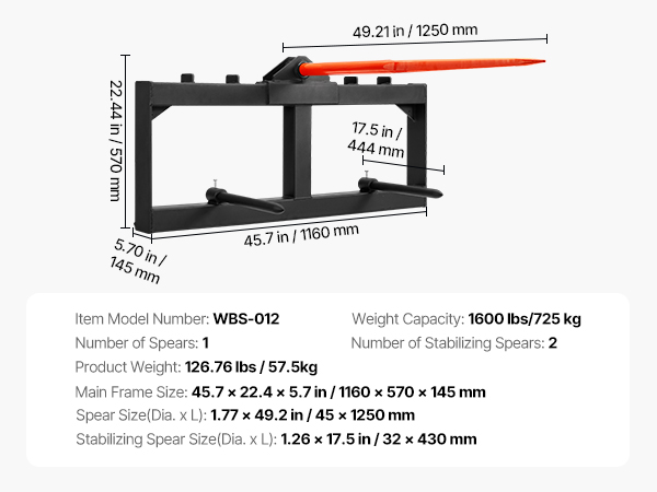 VEVOR siena šķēpis, modelis wbs-012, 1600 mārciņu kravnesība, galvenā rāmja izmēri 45,7x22,4x5,7 collas.