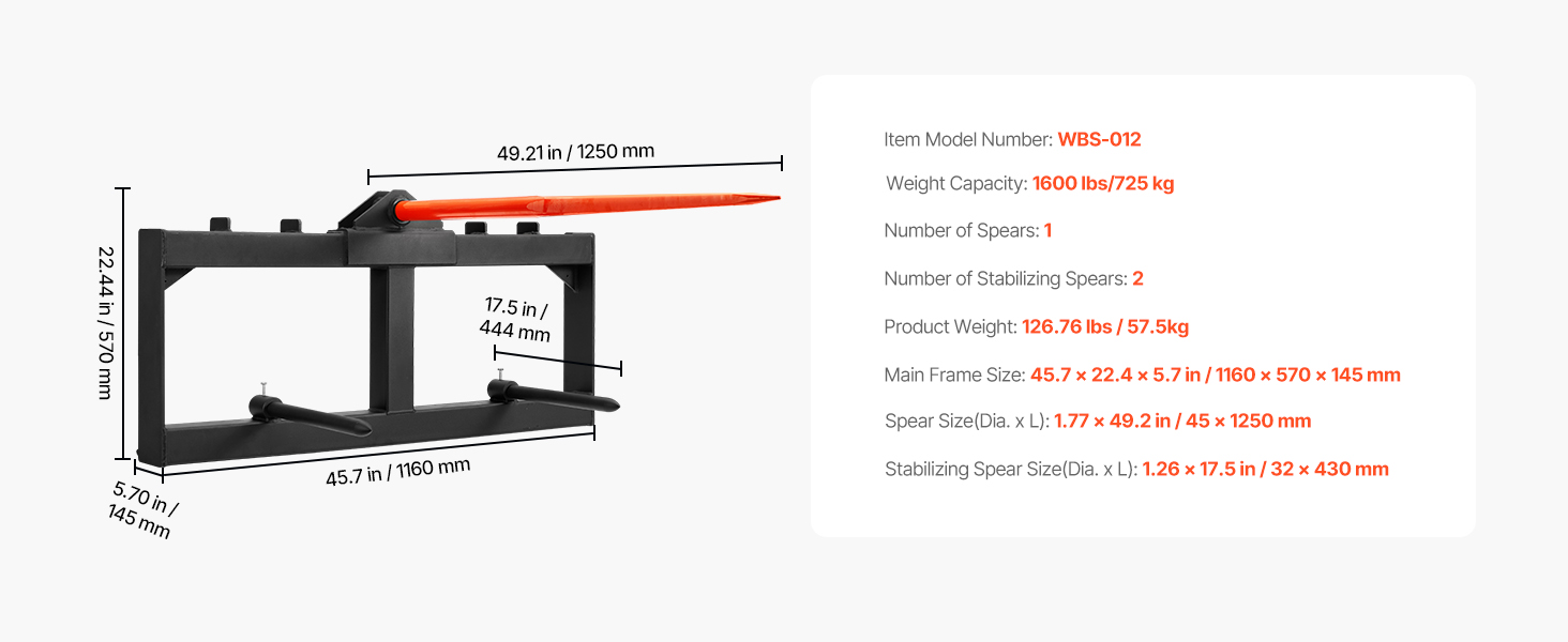 VEVOR siena šķēpis, modelis wbs-012, 1600 mārciņu kravnesība, galvenā rāmja izmēri 45,7x22,4x5,7 collas.