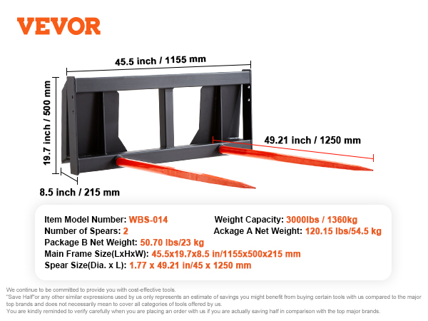 VEVOR hay spear with 3000lbs capacity, 2 spears, and dimensions.
