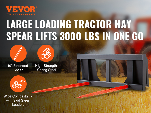 VEVOR hay spear for tractors lifting 3000 lbs in a field, showcasing 49" extended spear and skid steer compatibility.