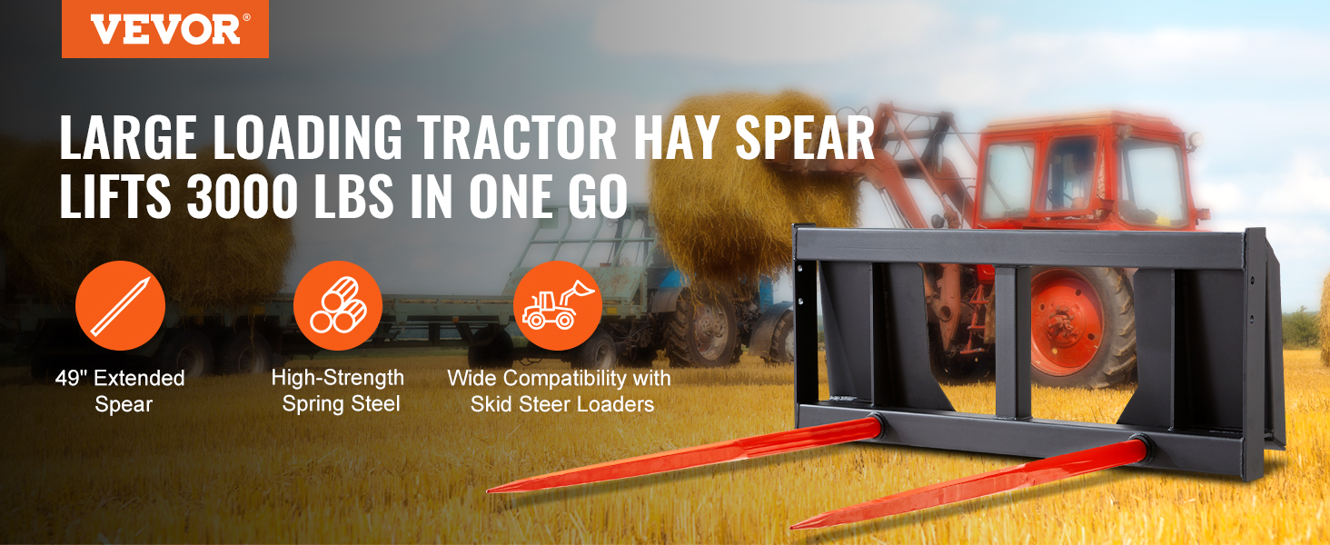 VEVOR hay spear for tractors lifting 3000 lbs in a field, showcasing 49" extended spear and skid steer compatibility.