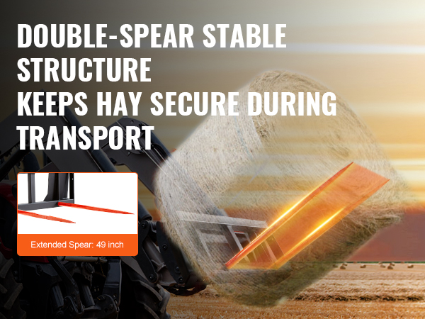 double-spear stable structure securing hay during transport on VEVOR hay spear with 49-inch extended spears.