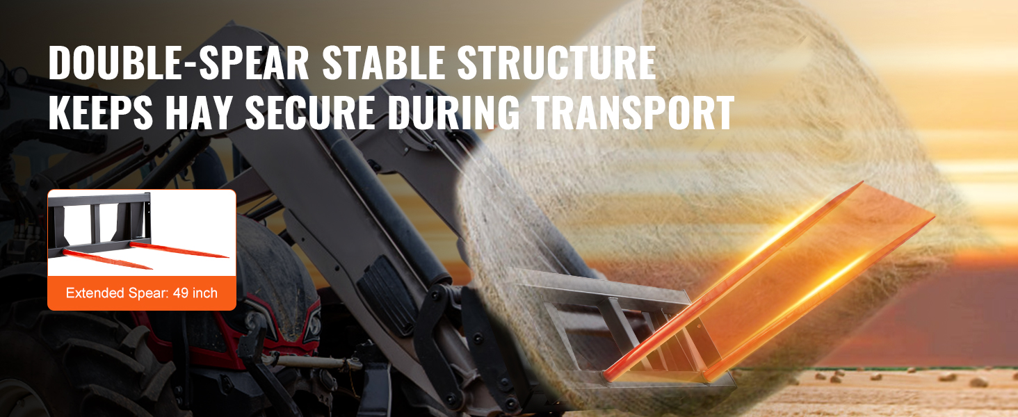double-spear stable structure securing hay during transport on VEVOR hay spear with 49-inch extended spears.