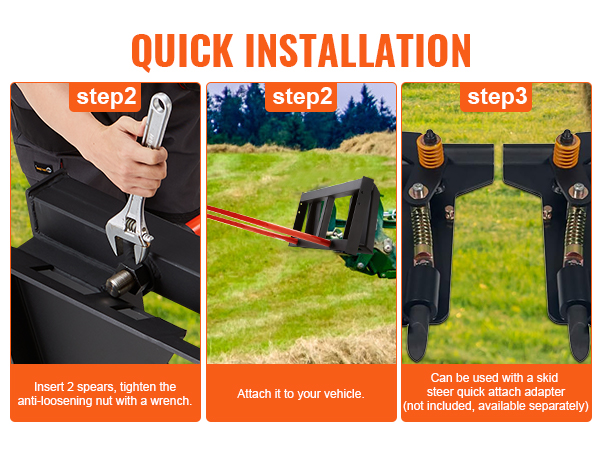 quick installation steps for VEVOR hay spear: tighten spears, attach to vehicle, and use skid steer adapter.
