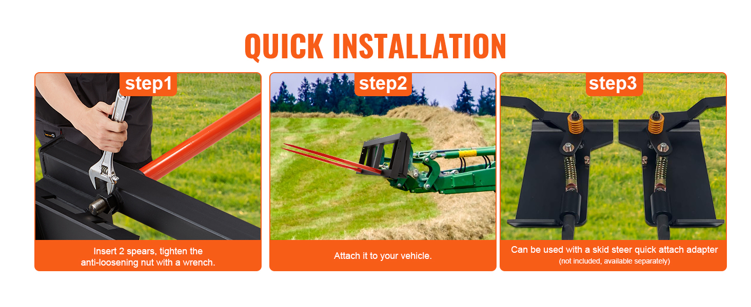 quick installation steps for VEVOR hay spear: tighten spears, attach to vehicle, and use skid steer adapter.