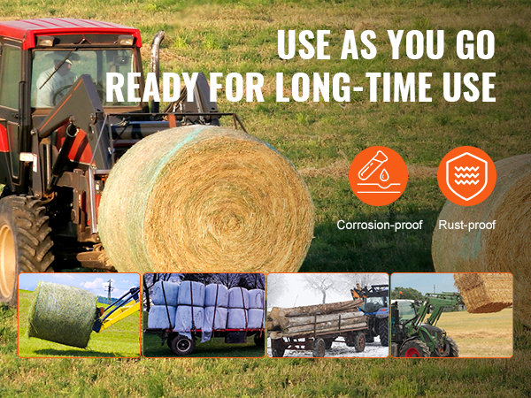 tractor using VEVOR hay spear to move round hay bale in a field, with corrosion and rust-proof features.