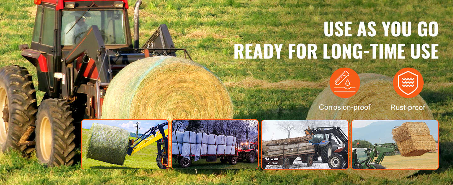 tractor using VEVOR hay spear to move round hay bale in a field, with corrosion and rust-proof features.